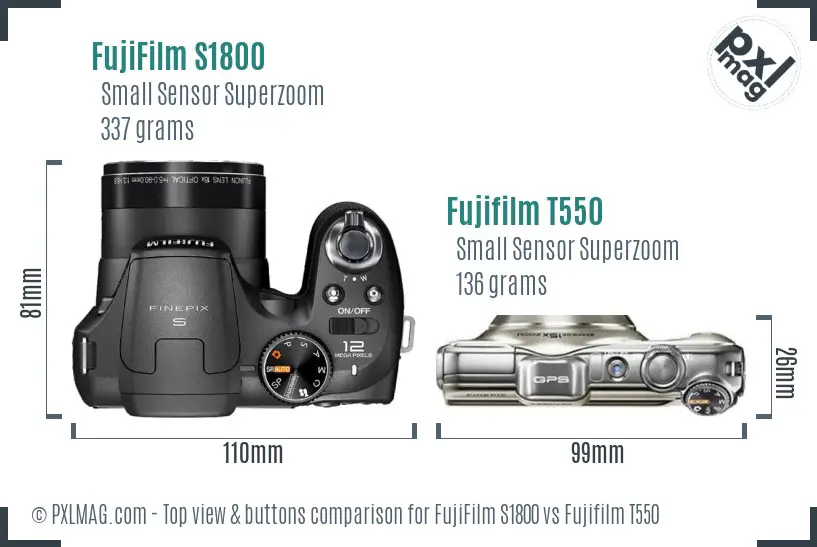 FujiFilm S1800 vs Fujifilm T550 top view buttons comparison