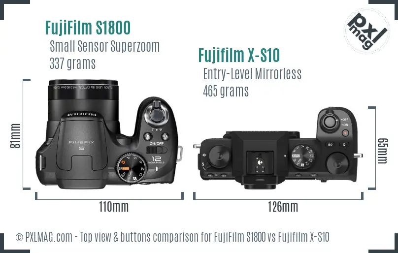 FujiFilm S1800 vs Fujifilm X-S10 top view buttons comparison