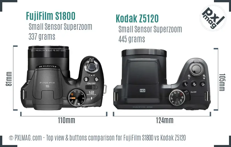 FujiFilm S1800 vs Kodak Z5120 top view buttons comparison FujiFilm S1800 vs Kodak Z5120 top view buttons comparison