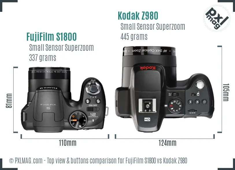 FujiFilm S1800 vs Kodak Z980 top view buttons comparison FujiFilm S1800 vs Kodak Z980 top view buttons comparison