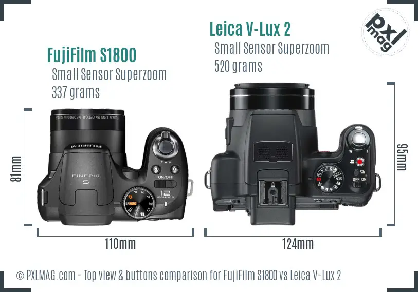FujiFilm S1800 vs Leica V-Lux 2 top view buttons comparison FujiFilm S1800 vs Leica V-Lux 2 top view buttons comparison