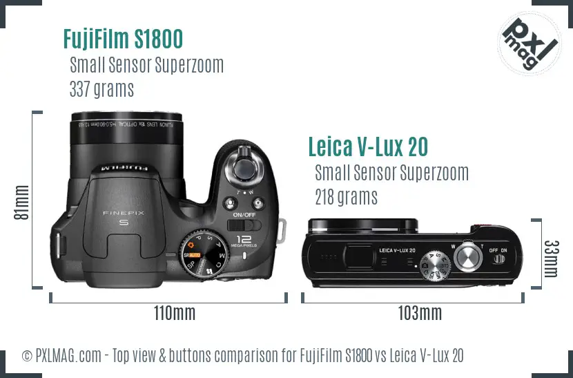 FujiFilm S1800 vs Leica V-Lux 20 top view buttons comparison FujiFilm S1800 vs Leica V-Lux 20 top view buttons comparison