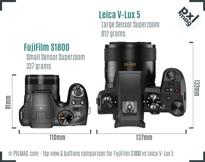 FujiFilm S1800 vs Leica V-Lux 5 top view buttons comparison FujiFilm S1800 vs Leica V-Lux 5 top view buttons comparison