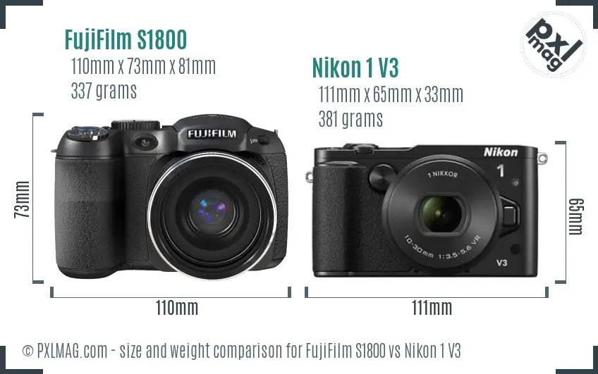 FujiFilm S1800 vs Nikon 1 V3 size comparison