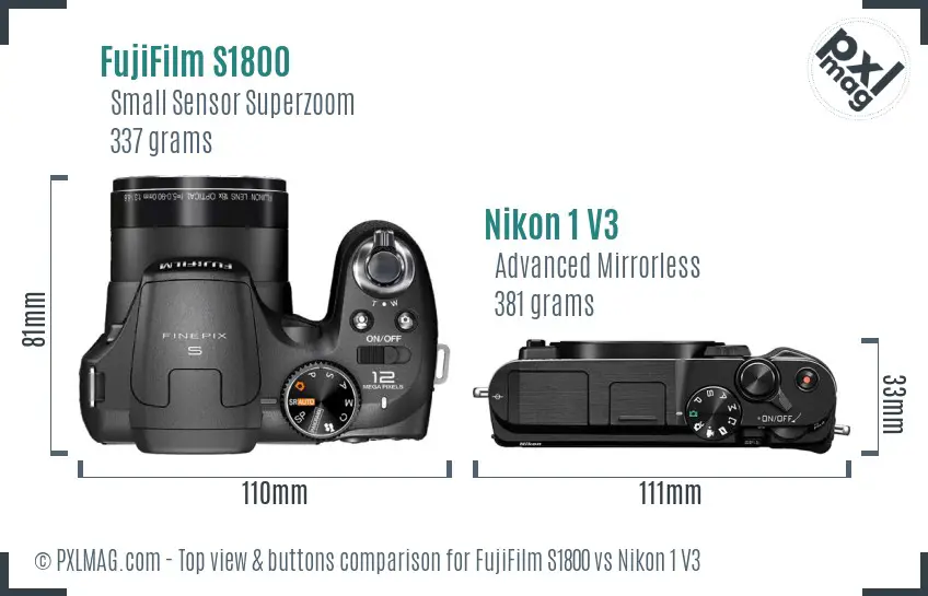 FujiFilm S1800 vs Nikon 1 V3 top view buttons comparison