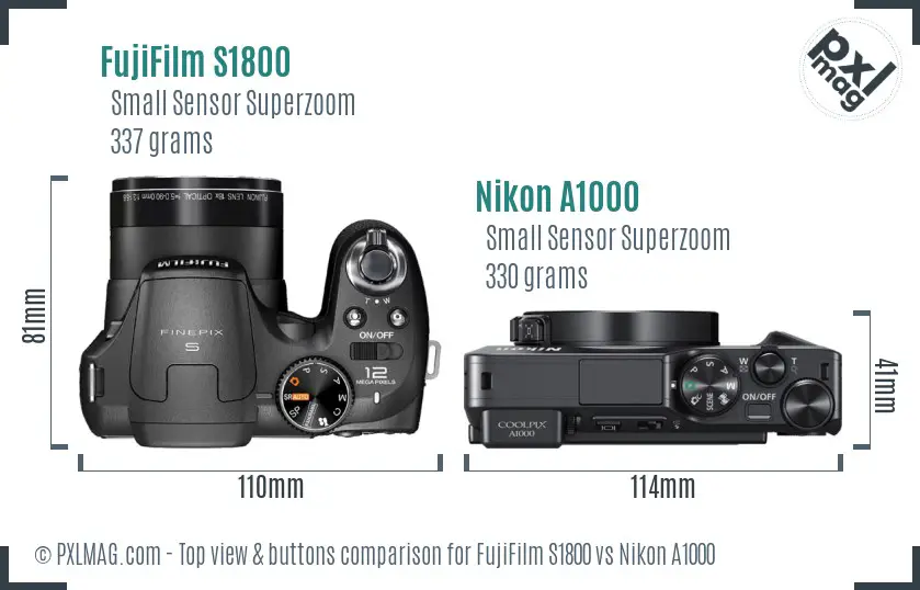 FujiFilm S1800 vs Nikon A1000 top view buttons comparison FujiFilm S1800 vs Nikon A1000 top view buttons comparison