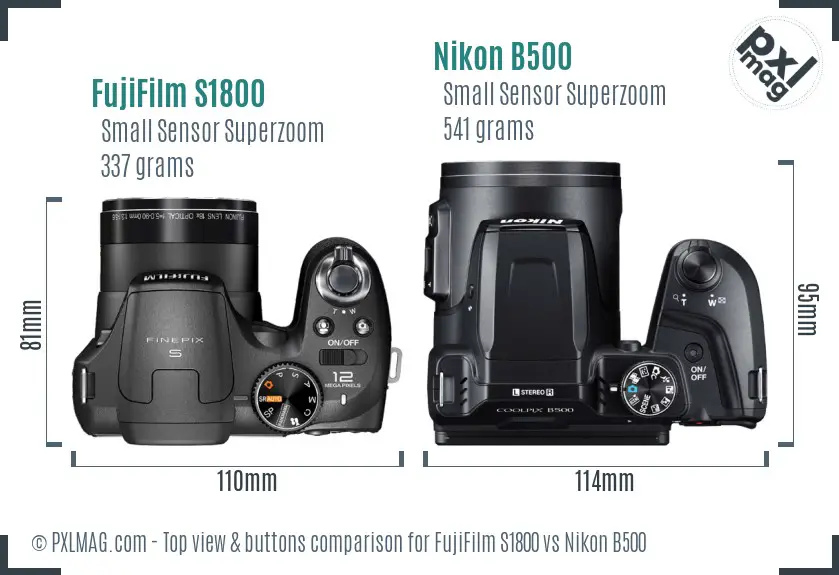 FujiFilm S1800 vs Nikon B500 top view buttons comparison