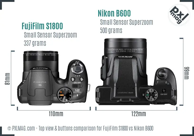 FujiFilm S1800 vs Nikon B600 top view buttons comparison
