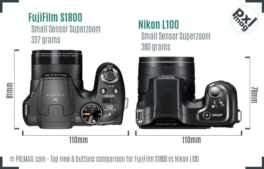 FujiFilm S1800 vs Nikon L100 top view buttons comparison