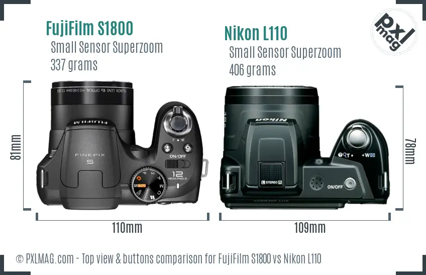 FujiFilm S1800 vs Nikon L110 top view buttons comparison FujiFilm S1800 vs Nikon L110 top view buttons comparison