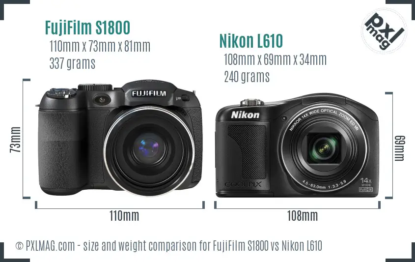 FujiFilm S1800 vs Nikon L610 size comparison