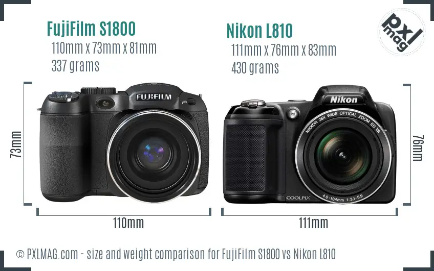 FujiFilm S1800 vs Nikon L810 size comparison