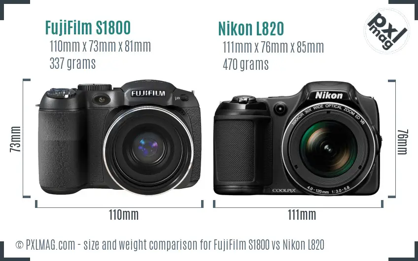 FujiFilm S1800 vs Nikon L820 size comparison