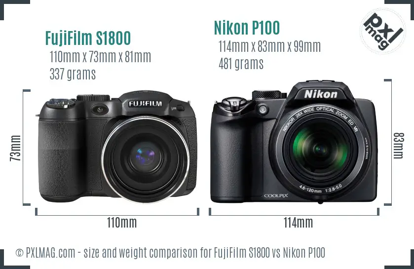 FujiFilm S1800 vs Nikon P100 size comparison