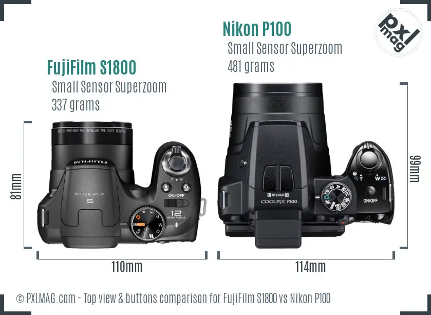 FujiFilm S1800 vs Nikon P100 top view buttons comparison