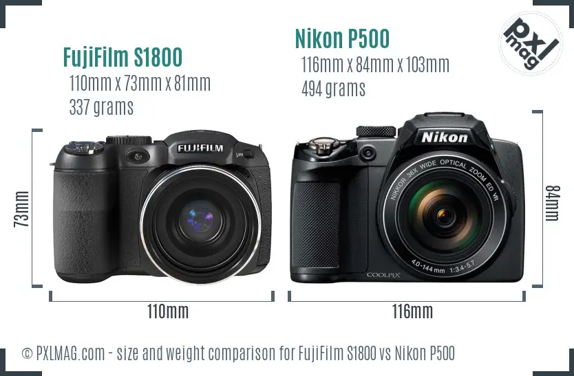 FujiFilm S1800 vs Nikon P500 size comparison
