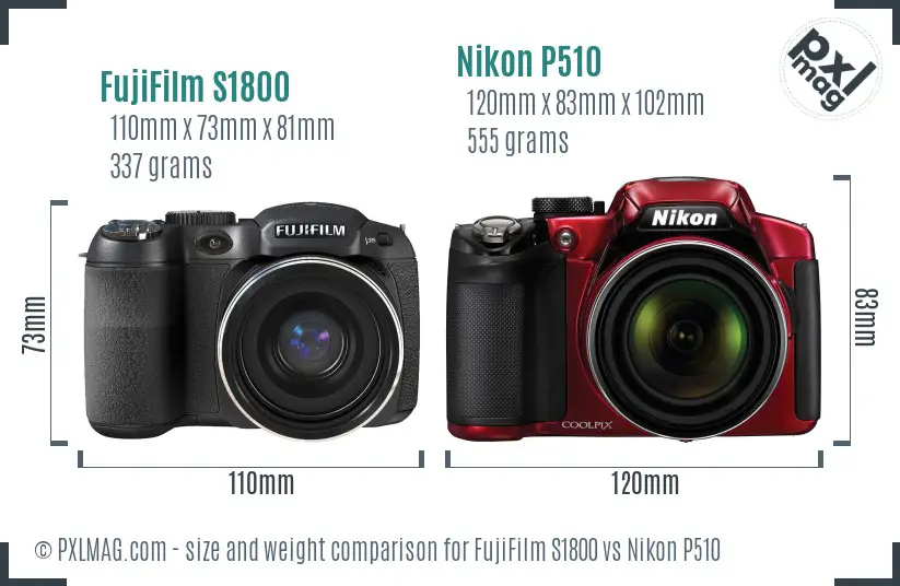 FujiFilm S1800 vs Nikon P510 size comparison