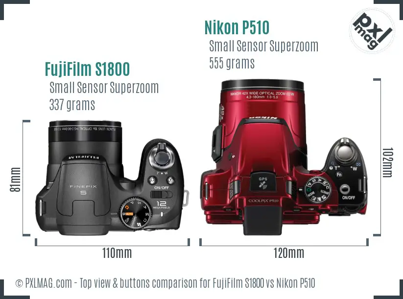 FujiFilm S1800 vs Nikon P510 top view buttons comparison
