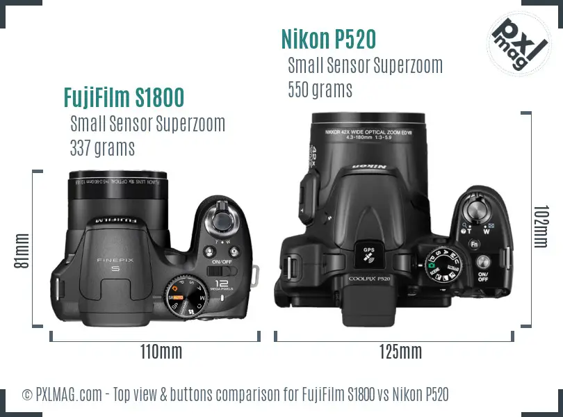 FujiFilm S1800 vs Nikon P520 top view buttons comparison