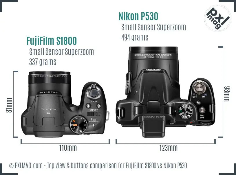 FujiFilm S1800 vs Nikon P530 top view buttons comparison FujiFilm S1800 vs Nikon P530 top view buttons comparison