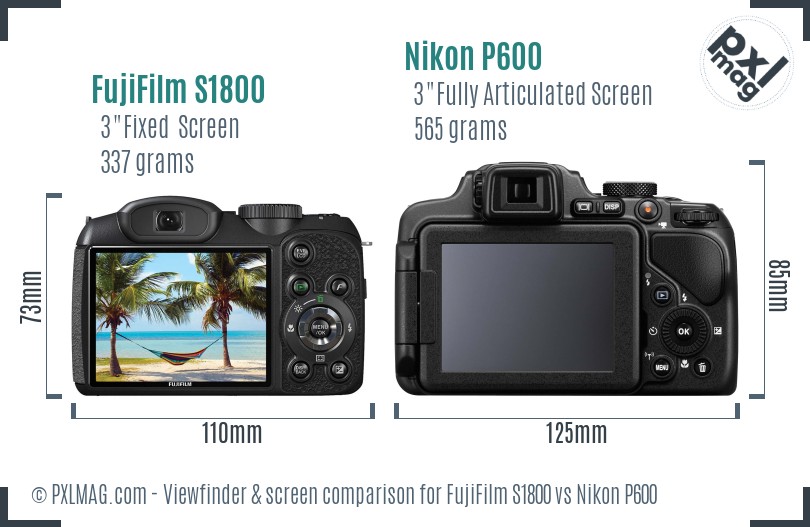 FujiFilm S1800 vs Nikon P600 Screen and Viewfinder comparison