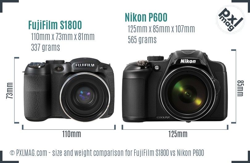 FujiFilm S1800 vs Nikon P600 size comparison