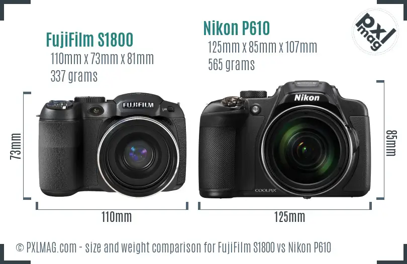 FujiFilm S1800 vs Nikon P610 size comparison