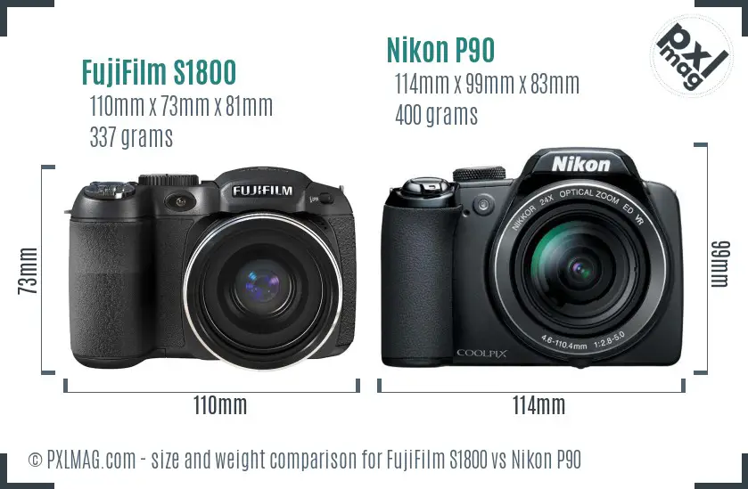 FujiFilm S1800 vs Nikon P90 size comparison