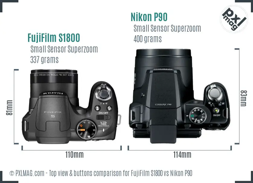 FujiFilm S1800 vs Nikon P90 top view buttons comparison