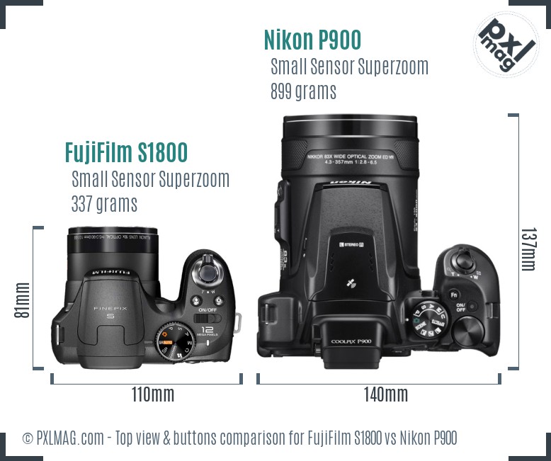 FujiFilm S1800 vs Nikon P900 top view buttons comparison