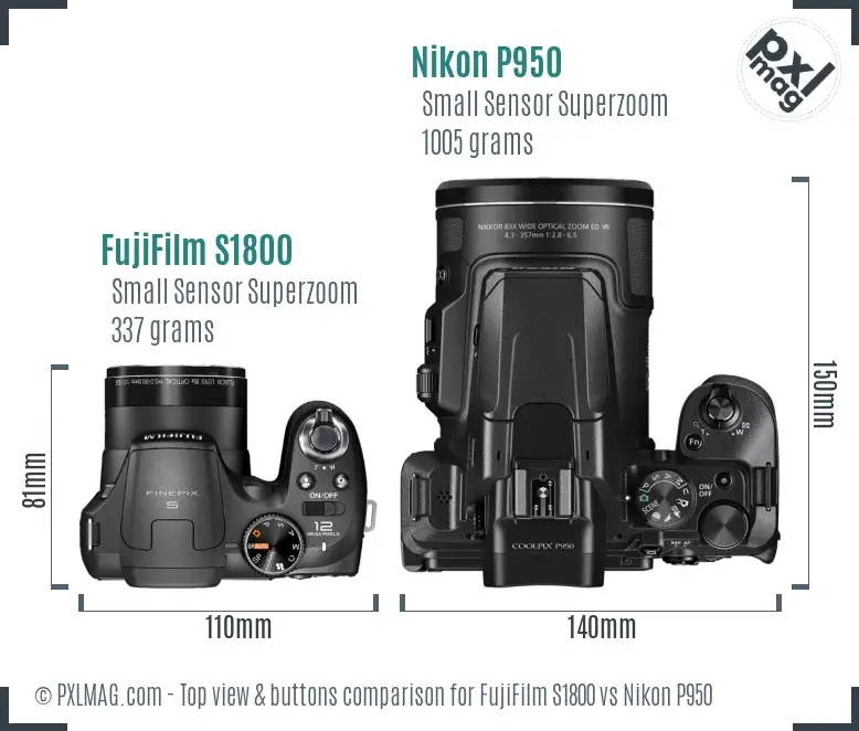 FujiFilm S1800 vs Nikon P950 top view buttons comparison
