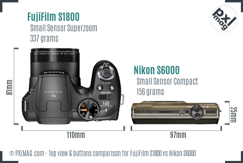 FujiFilm S1800 vs Nikon S6000 top view buttons comparison