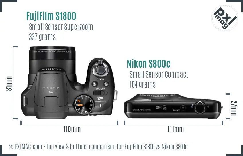 FujiFilm S1800 vs Nikon S800c top view buttons comparison