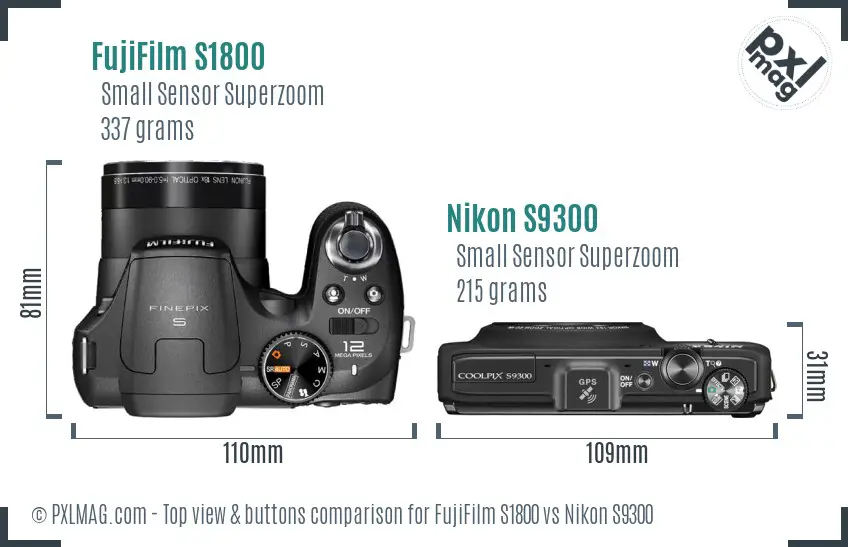 FujiFilm S1800 vs Nikon S9300 top view buttons comparison