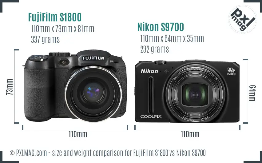 FujiFilm S1800 vs Nikon S9700 size comparison