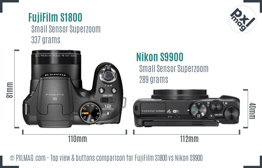 FujiFilm S1800 vs Nikon S9900 top view buttons comparison