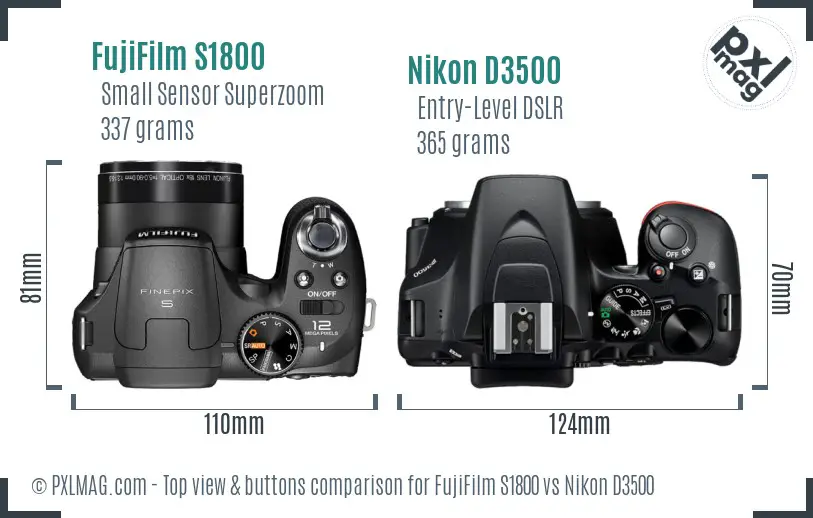 FujiFilm S1800 vs Nikon D3500 top view buttons comparison