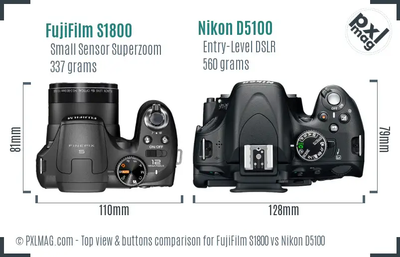 FujiFilm S1800 vs Nikon D5100 top view buttons comparison