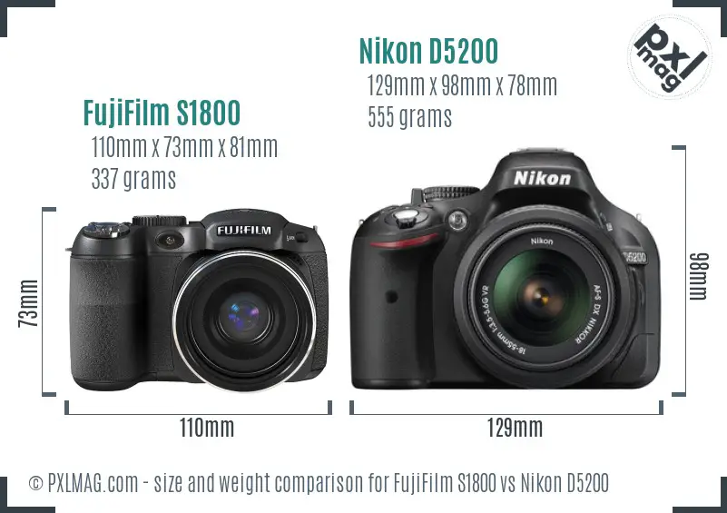 FujiFilm S1800 vs Nikon D5200 size comparison