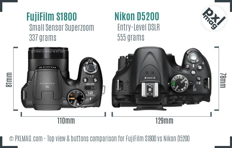 FujiFilm S1800 vs Nikon D5200 top view buttons comparison