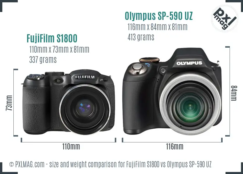 FujiFilm S1800 vs Olympus SP-590 UZ size comparison FujiFilm S1800 vs Olympus SP-590 UZ size comparison