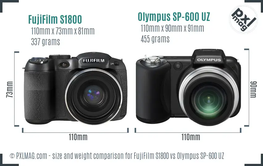 FujiFilm S1800 vs Olympus SP-600 UZ size comparison FujiFilm S1800 vs Olympus SP-600 UZ size comparison