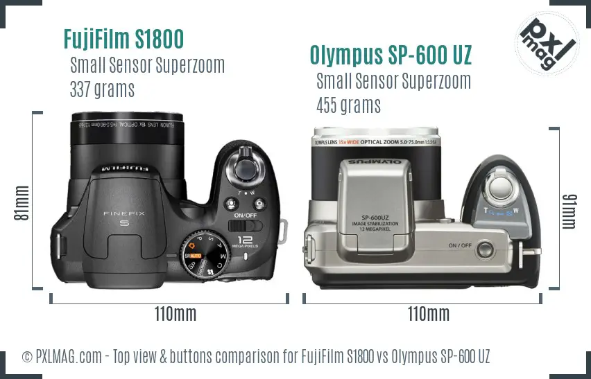 FujiFilm S1800 vs Olympus SP-600 UZ top view buttons comparison FujiFilm S1800 vs Olympus SP-600 UZ top view buttons comparison