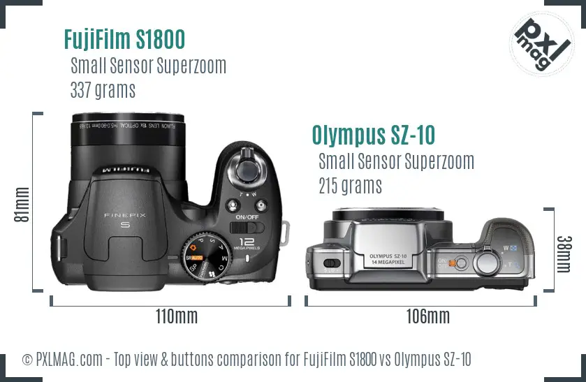 FujiFilm S1800 vs Olympus SZ-10 top view buttons comparison FujiFilm S1800 vs Olympus SZ-10 top view buttons comparison