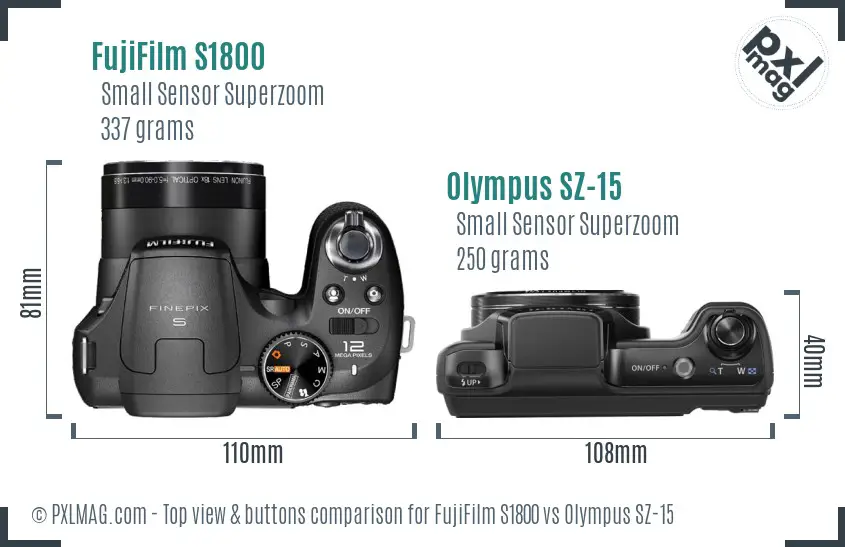 FujiFilm S1800 vs Olympus SZ-15 top view buttons comparison FujiFilm S1800 vs Olympus SZ-15 top view buttons comparison