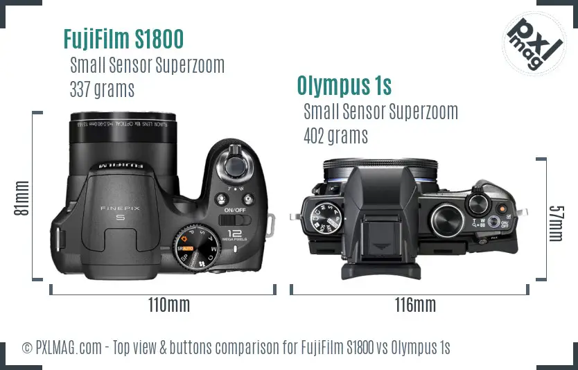 FujiFilm S1800 vs Olympus 1s top view buttons comparison FujiFilm S1800 vs Olympus 1s top view buttons comparison