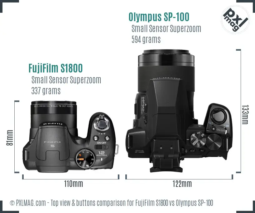 FujiFilm S1800 vs Olympus SP-100 top view buttons comparison FujiFilm S1800 vs Olympus SP-100 top view buttons comparison