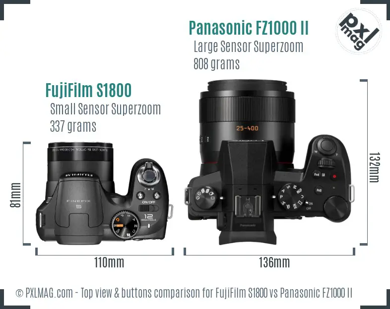 FujiFilm S1800 vs Panasonic FZ1000 II top view buttons comparison