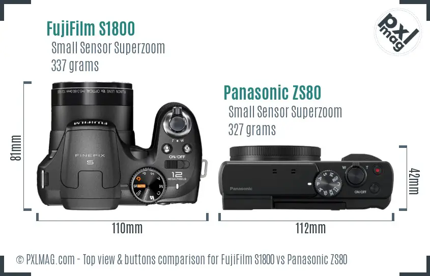 FujiFilm S1800 vs Panasonic ZS80 top view buttons comparison