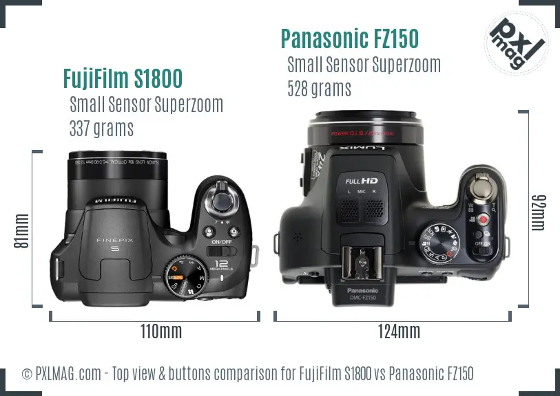 FujiFilm S1800 vs Panasonic FZ150 top view buttons comparison FujiFilm S1800 vs Panasonic FZ150 top view buttons comparison